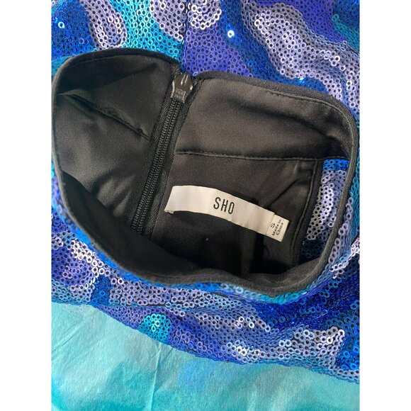 SHO By Tadashi Shoji Blue & Turquoise Sequin Camo Halter Mini Dress 19” Armpit T - Picture 4 of 8